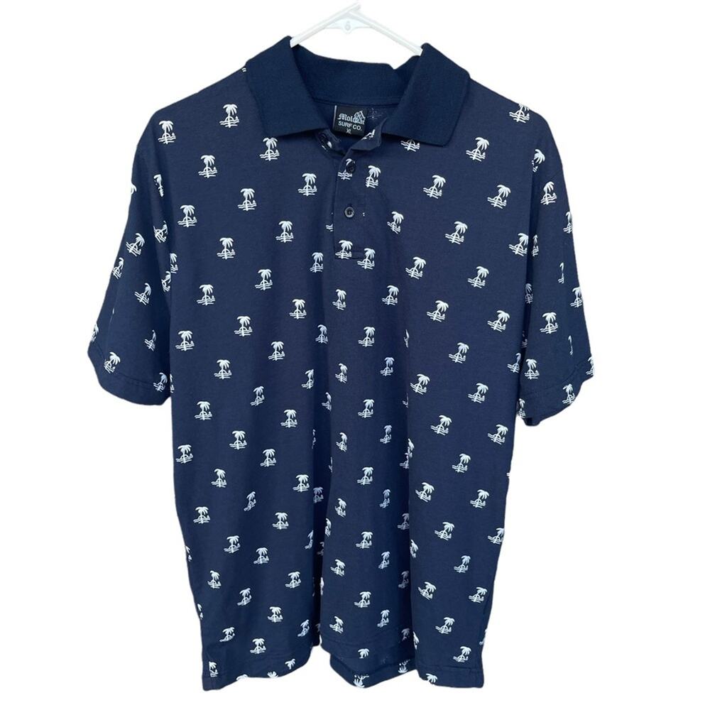 Molokai Surf Co Polo Shirt Mens Extra Large XL Blue Hawaiian Palm Tree